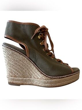 Tory‎ Burch Blair Wedge Lace Up Espadrilles Olive Canvas Size 8